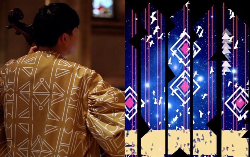 A composite still using images from two artists works, on the left we see the back of a cello player, their cloak covered in patterns. At right we see a digital collage of several upright Pō with geometric shapes projected upon them..