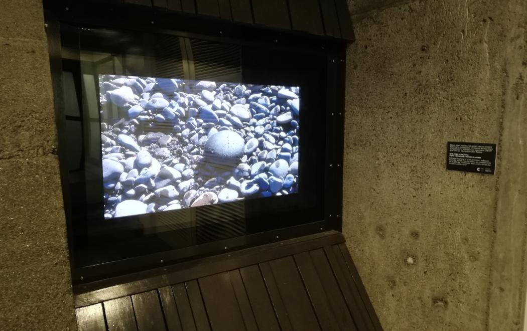An image of rocks on a shoreline shows on atv screen set into a wall in an industrial public space