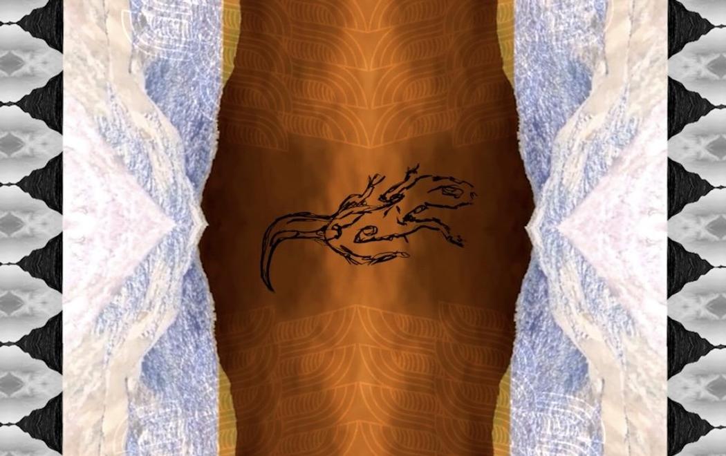 An animated image of a lizard set amongst patterns that resemble the outer edge of a strip of film.