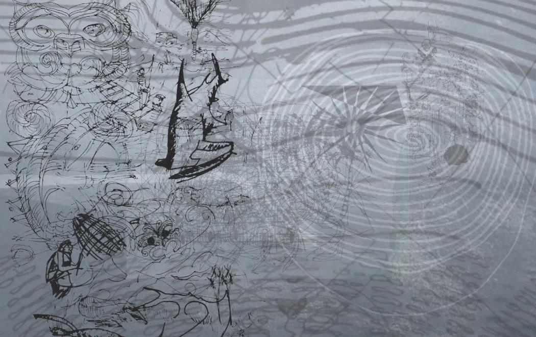 Drawings of Taniwhā and other sketches sit over a background of indeterminate black and white imagery