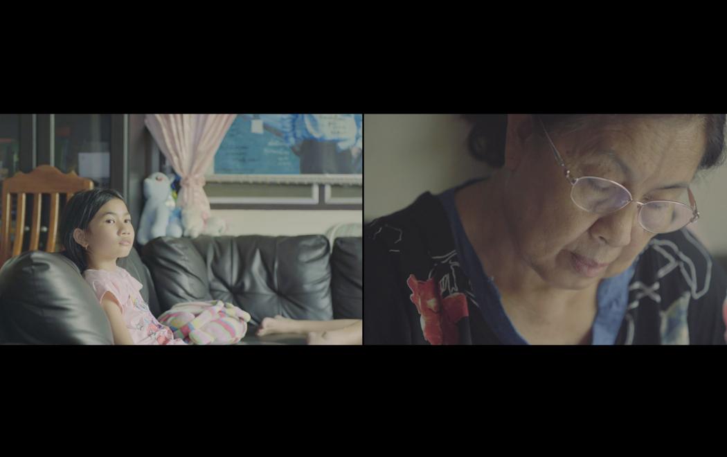 A split screen of a young child sitting on a sofa and a close up of an older woman in the other frame