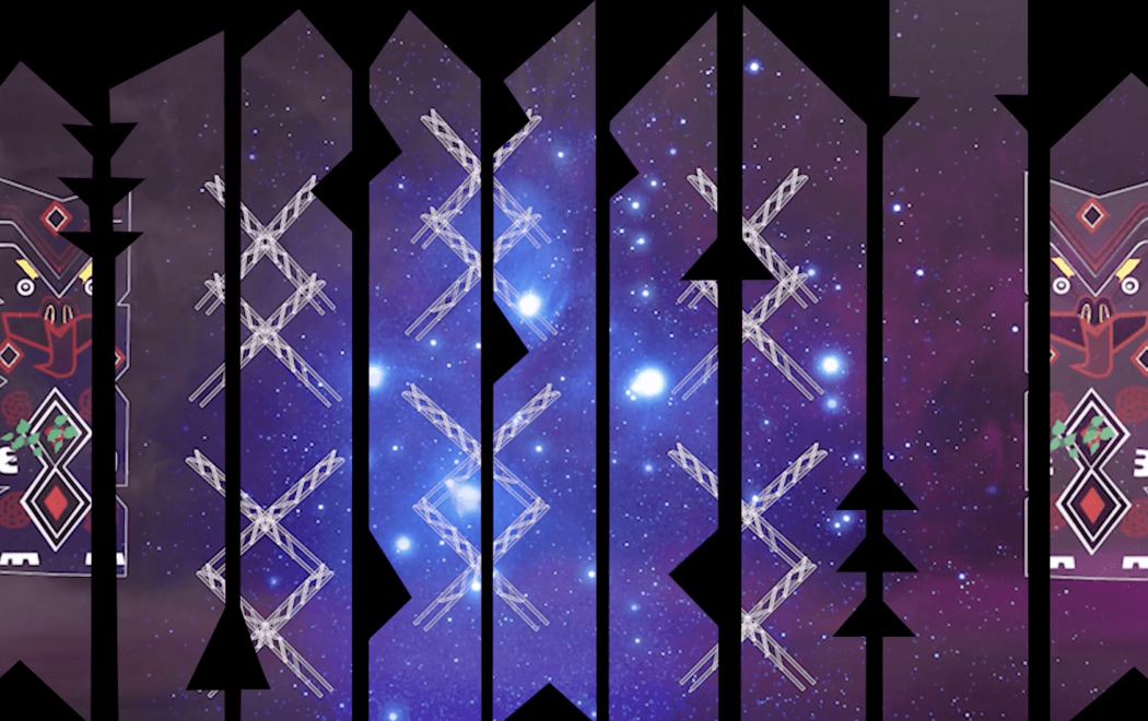 An animated digital rendering of the night sky at Matariki, with two whakairo figures on either side